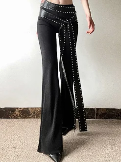 Online Retro Stage 1980s Steampunk Bootcut Rivet Pants Black