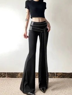 Online Retro Stage 1980s Steampunk Bootcut Rivet Pants Black