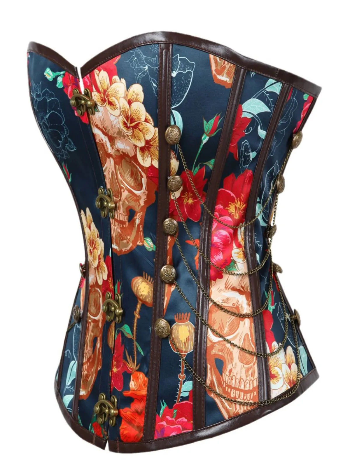 Hot Retro Stage 1980s Steampunk Floral Skull Bandeau Corset Black