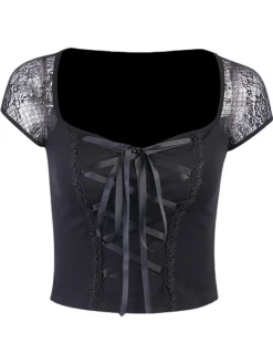 Sale Retro Stage 1970s Steampunk Gothic Lace Tie-Front Top Black