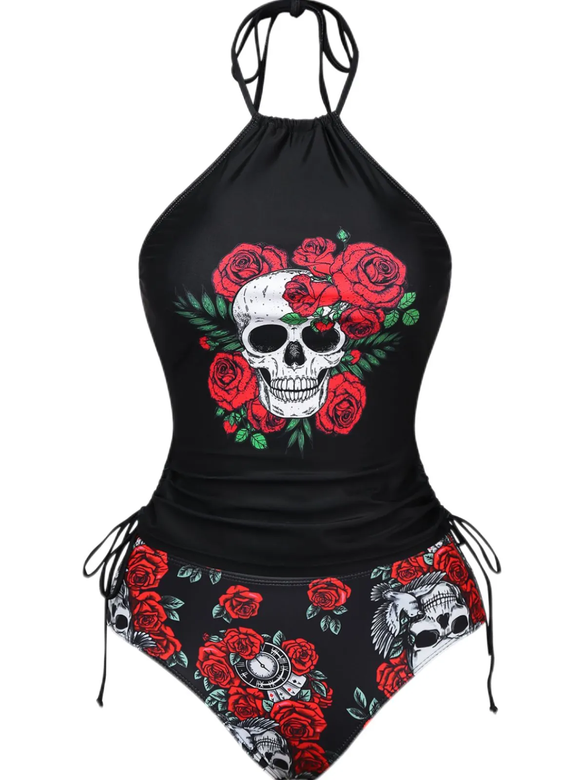 Online Retro Stage 1980s Steampunk Halter Skeleton Rose Swimsuit Black