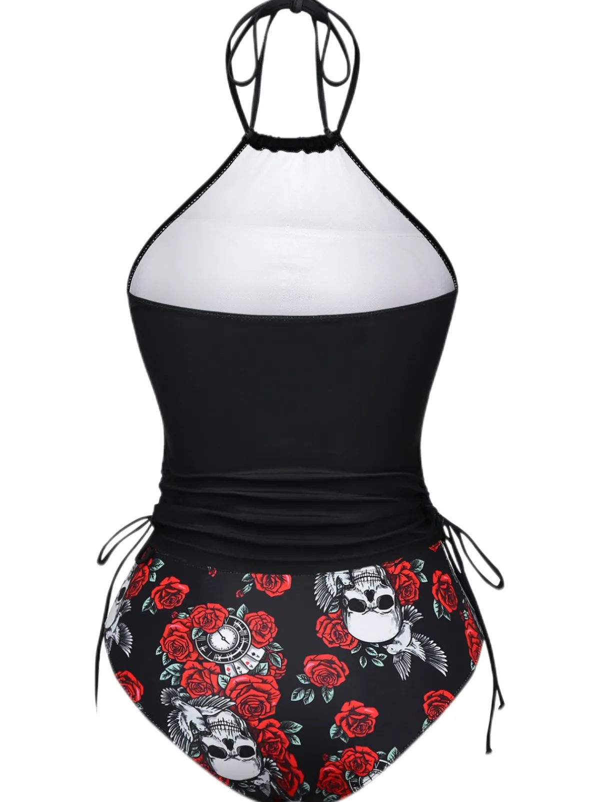 Online Retro Stage 1980s Steampunk Halter Skeleton Rose Swimsuit Black