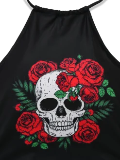 Online Retro Stage 1980s Steampunk Halter Skeleton Rose Swimsuit Black