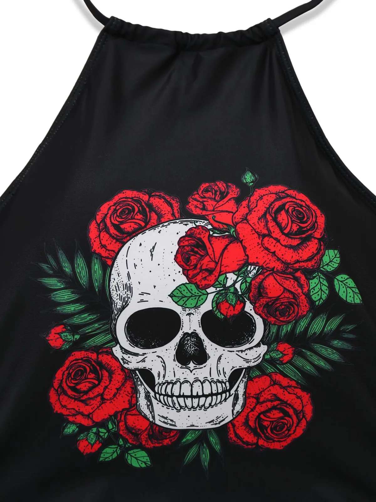 Online Retro Stage 1980s Steampunk Halter Skeleton Rose Swimsuit Black