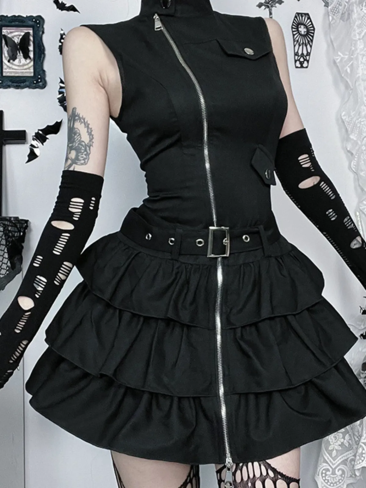 Outlet Retro Stage 1980s Steampunk Solid Zipper Belted Dress Black