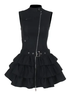 Outlet Retro Stage 1980s Steampunk Solid Zipper Belted Dress Black