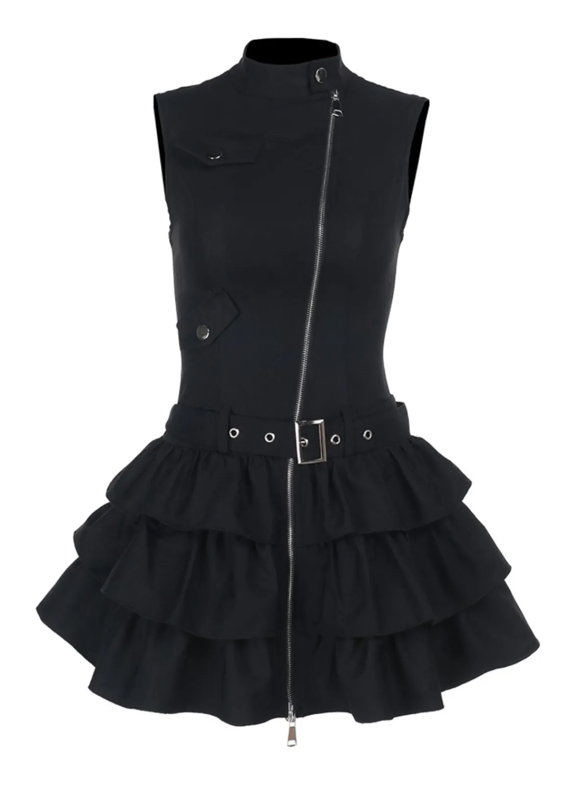 Outlet Retro Stage 1980s Steampunk Solid Zipper Belted Dress Black