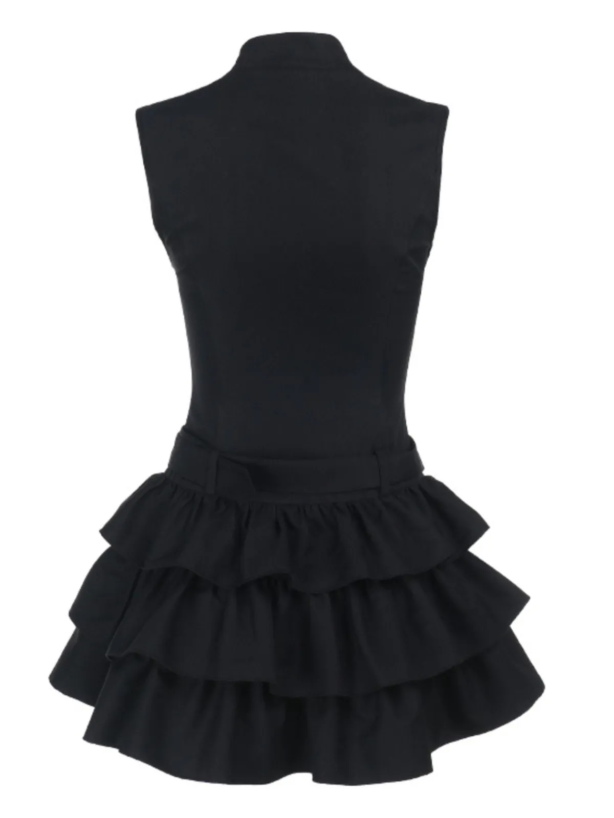 Outlet Retro Stage 1980s Steampunk Solid Zipper Belted Dress Black