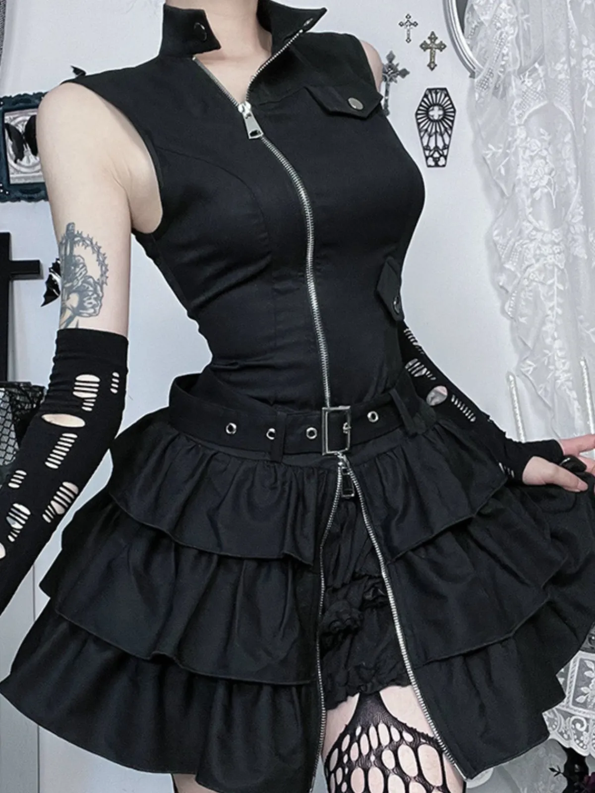 Outlet Retro Stage 1980s Steampunk Solid Zipper Belted Dress Black