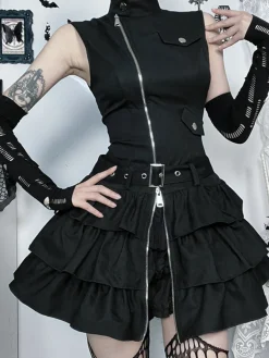 Outlet Retro Stage 1980s Steampunk Solid Zipper Belted Dress Black