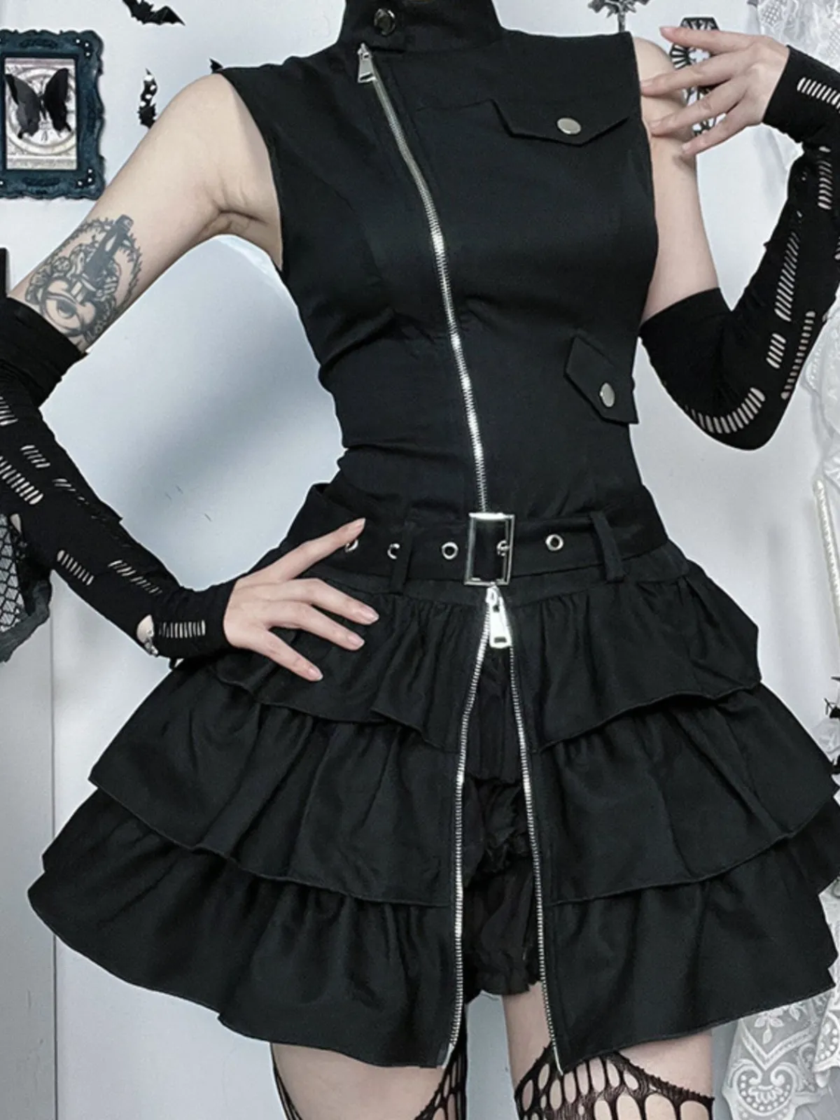 Outlet Retro Stage 1980s Steampunk Solid Zipper Belted Dress Black