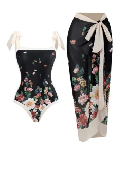 Clearance Retro Stage 1940s Strap Bow Floral Swimsuit & Cove-Up Black