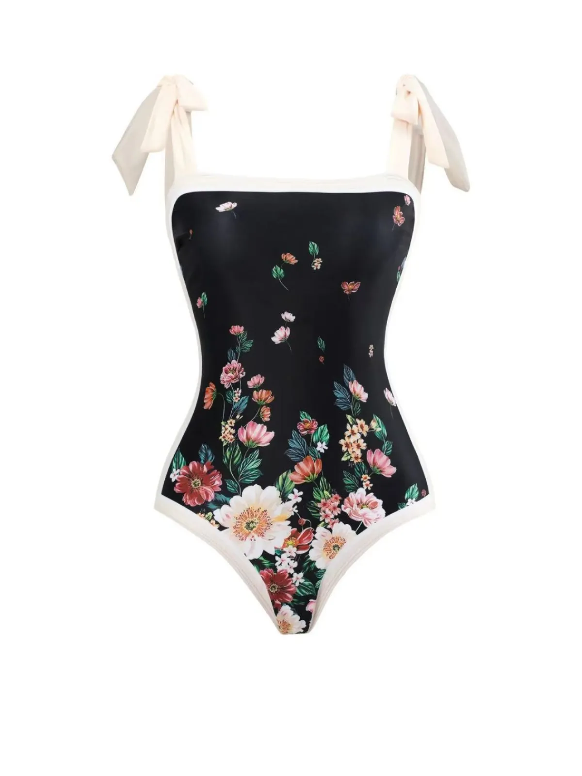 Clearance Retro Stage 1940s Strap Bow Floral Swimsuit & Cove-Up Black