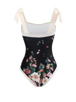 Clearance Retro Stage 1940s Strap Bow Floral Swimsuit & Cove-Up Black