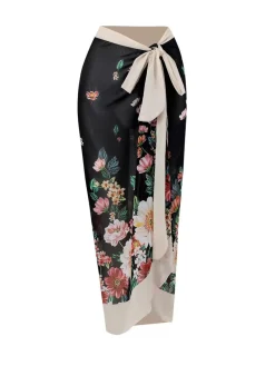 Clearance Retro Stage 1940s Strap Bow Floral Swimsuit & Cove-Up Black