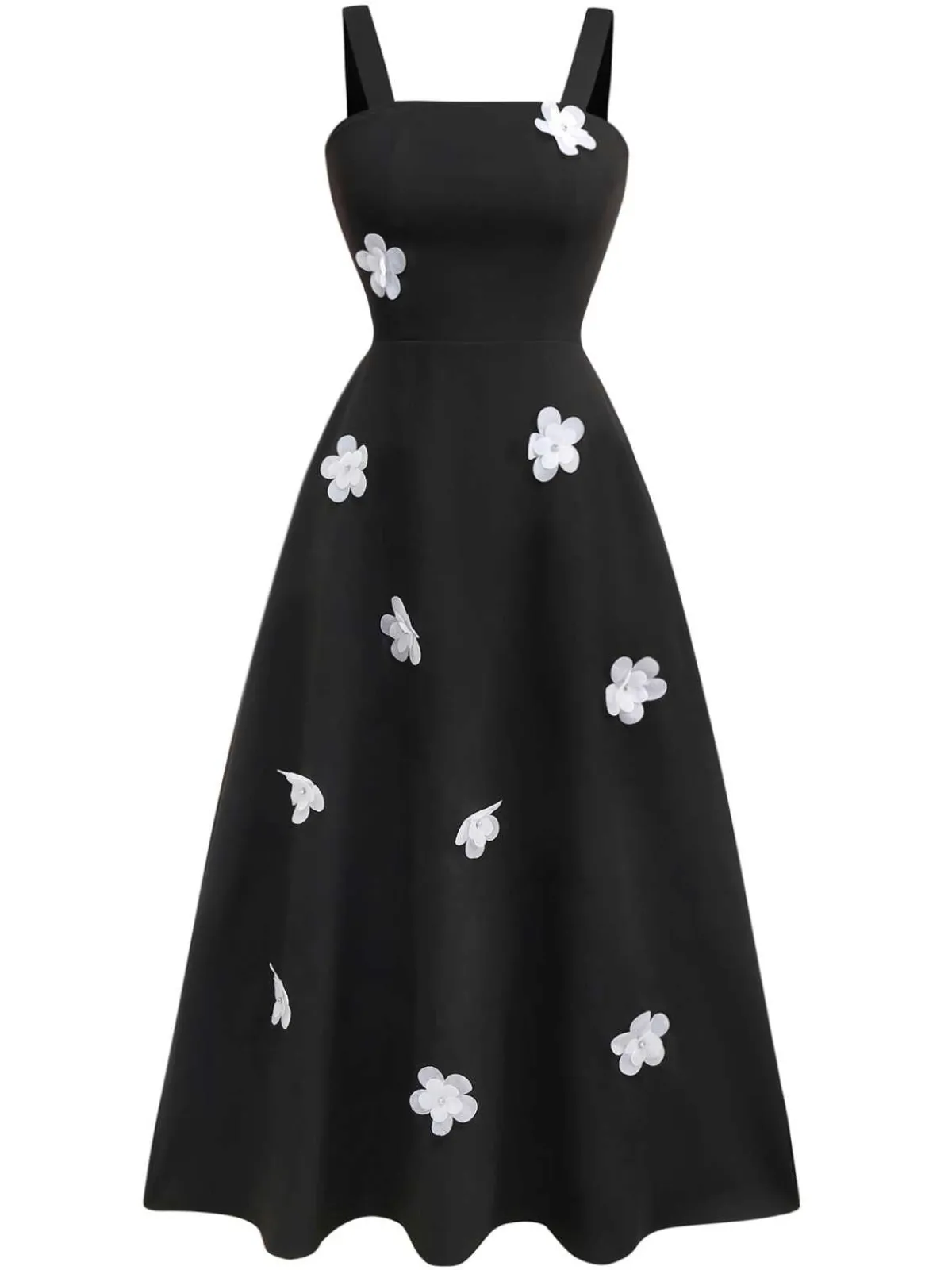Best Retro Stage 1950s Strap 3D Daisy Solid Dress Black
