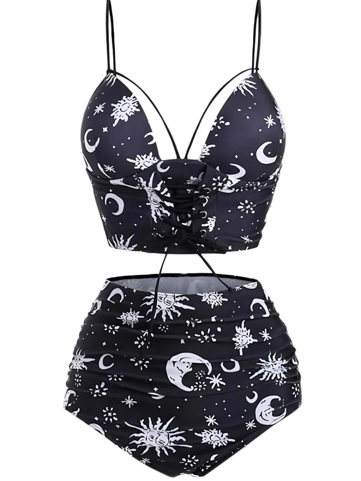 Clearance Retro Stage 1980s Strap Galaxy Print Gothic Bikini Set Black