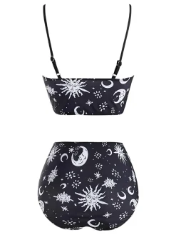Clearance Retro Stage 1980s Strap Galaxy Print Gothic Bikini Set Black