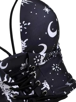 Clearance Retro Stage 1980s Strap Galaxy Print Gothic Bikini Set Black
