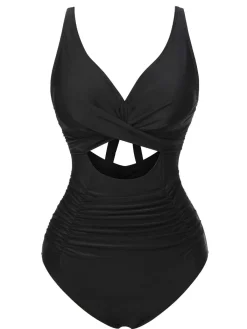 Fashion Retro Stage 1950s Strap Hollow One-Piece Swimsuit Black