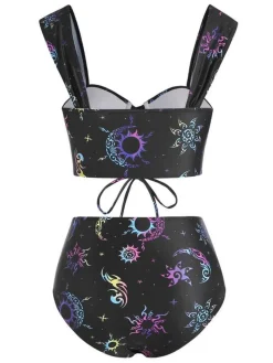 Discount Retro Stage 1980s Strap Neon Nebula Print Gothic Bikini Black