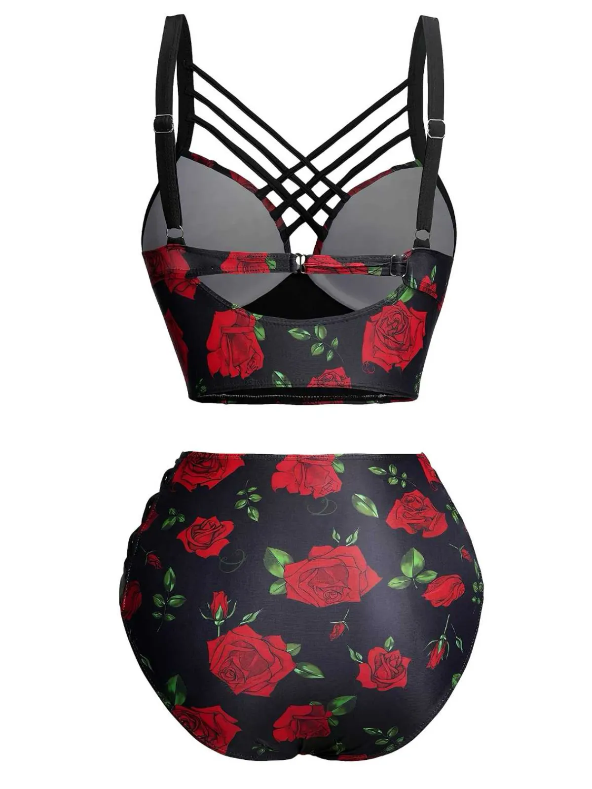 New Retro Stage 1980s Strap Roses Gothic Bikini Set Black