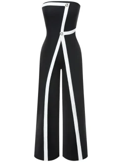 Sale Retro Stage 1960s Strapless Contrast Wrap Jumpsuit Black