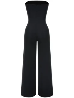 Sale Retro Stage 1960s Strapless Contrast Wrap Jumpsuit Black