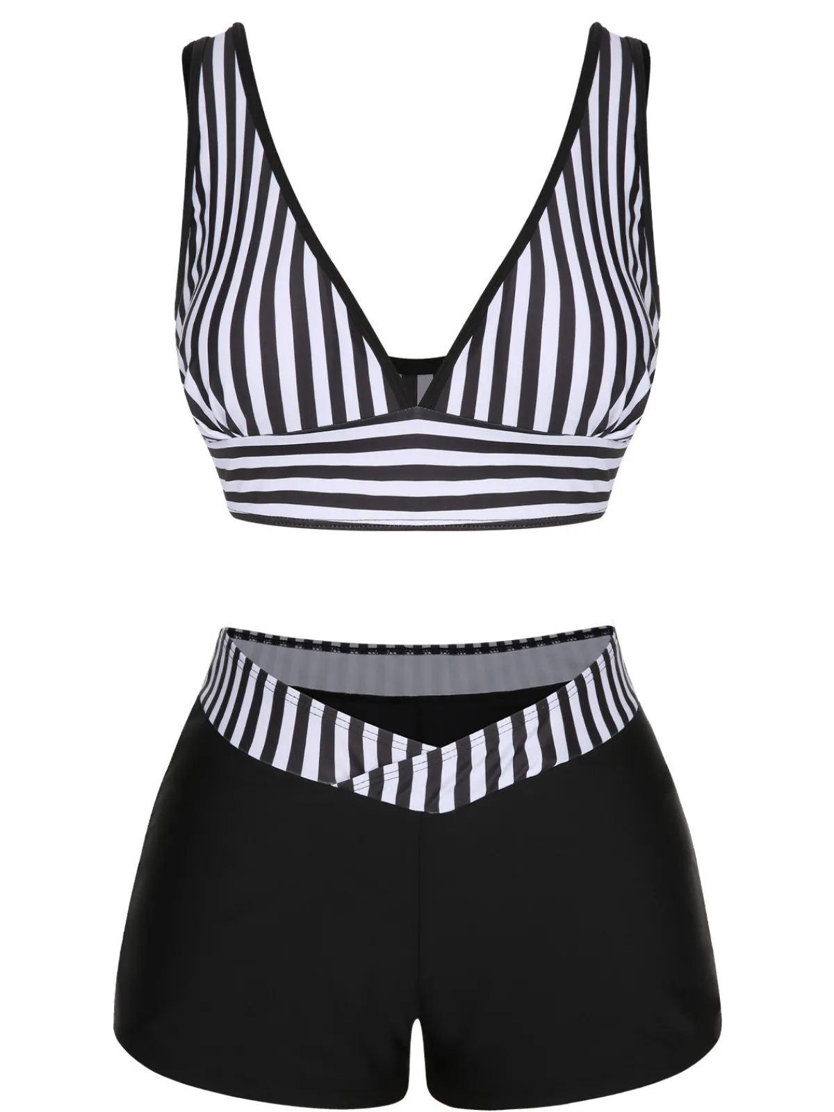 Discount Retro Stage 1950s Stripe Binding V-Neck Swimsuit Black