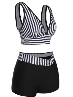 Discount Retro Stage 1950s Stripe Binding V-Neck Swimsuit Black