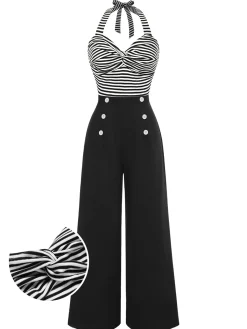 Sale Retro Stage 1960s Stripe Knit Patchwork Halter Jumpsuit Black