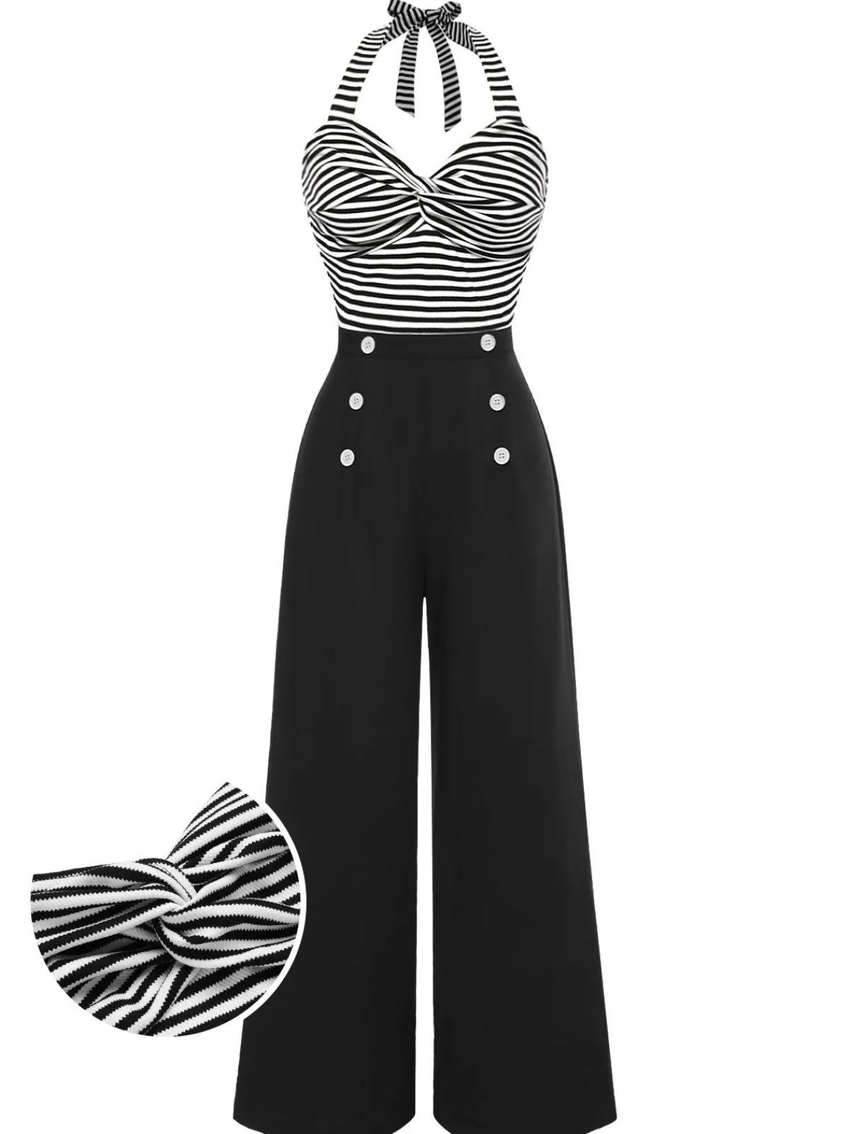 Sale Retro Stage 1960s Stripe Knit Patchwork Halter Jumpsuit Black