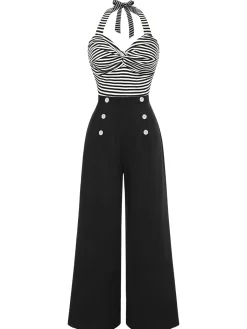 Sale Retro Stage 1960s Stripe Knit Patchwork Halter Jumpsuit Black