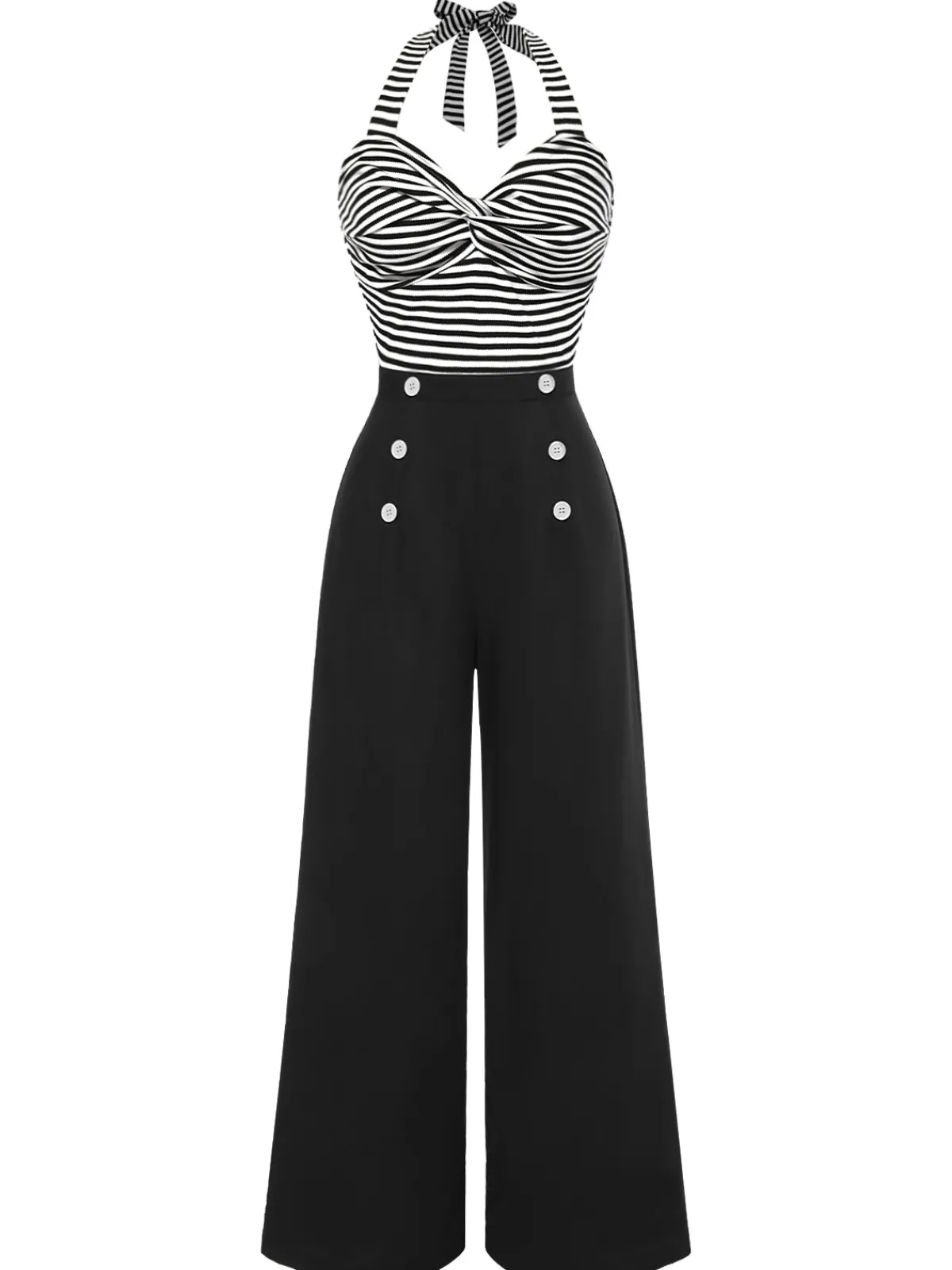 Sale Retro Stage 1960s Stripe Knit Patchwork Halter Jumpsuit Black