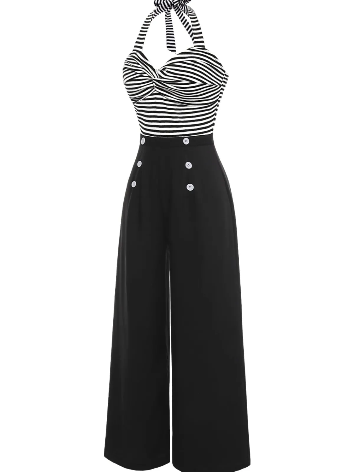 Sale Retro Stage 1960s Stripe Knit Patchwork Halter Jumpsuit Black