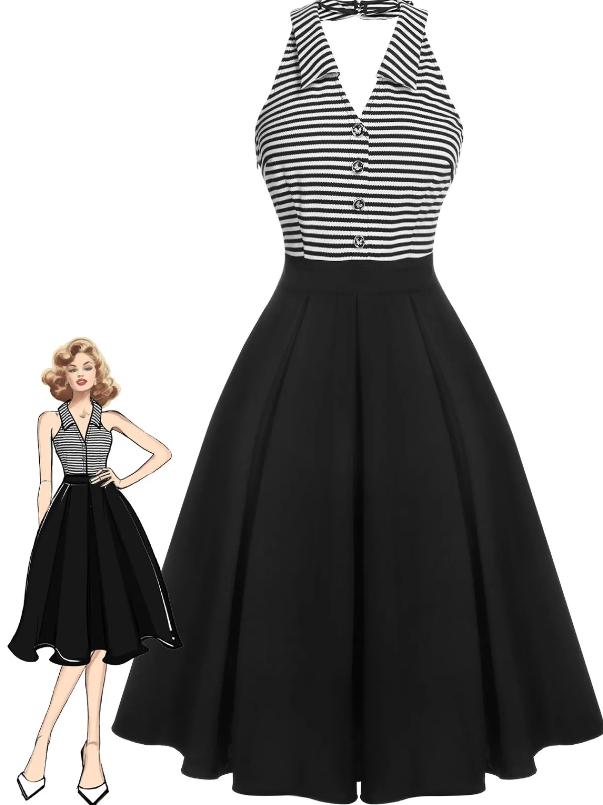 Hot Retro Stage 1950s Stripe Lapel Halter Patchwork Dress Black