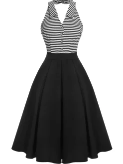 Hot Retro Stage 1950s Stripe Lapel Halter Patchwork Dress Black