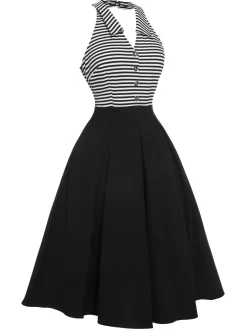 Hot Retro Stage 1950s Stripe Lapel Halter Patchwork Dress Black