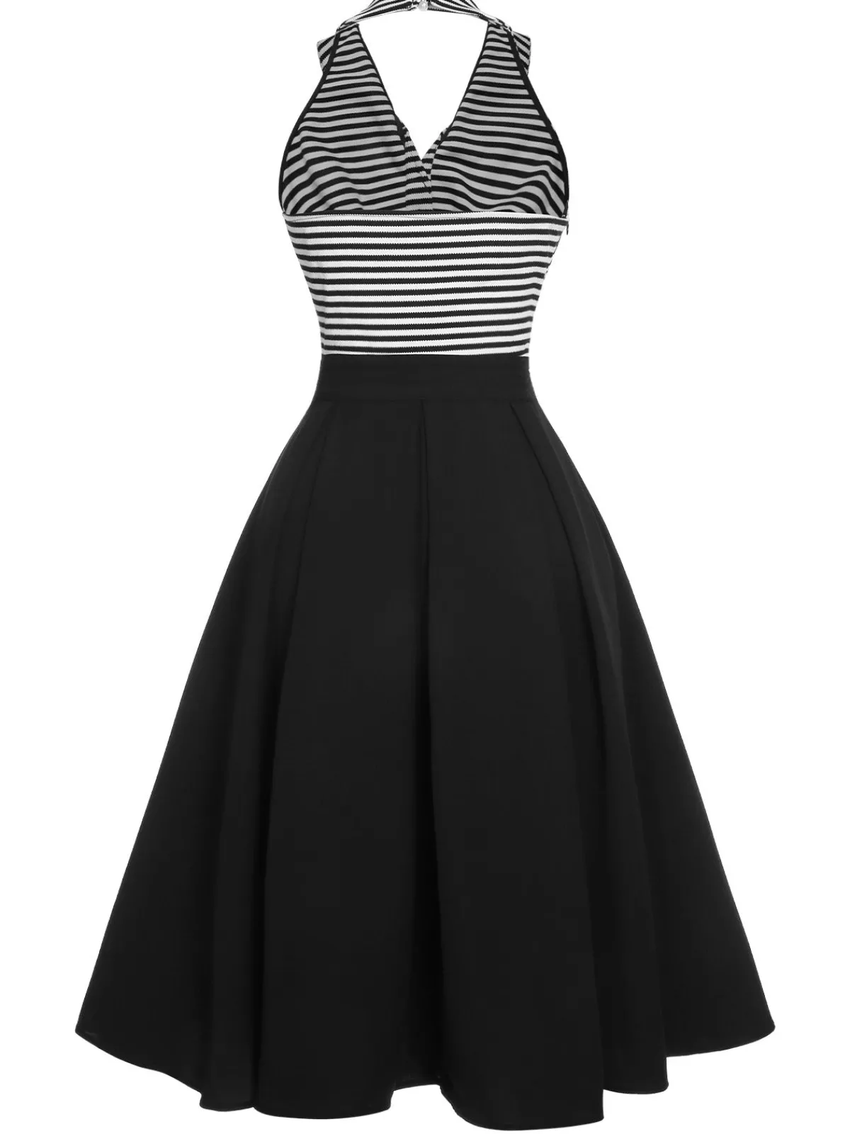 Hot Retro Stage 1950s Stripe Lapel Halter Patchwork Dress Black