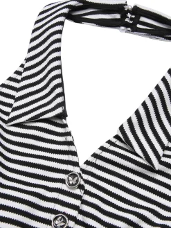 Hot Retro Stage 1950s Stripe Lapel Halter Patchwork Dress Black