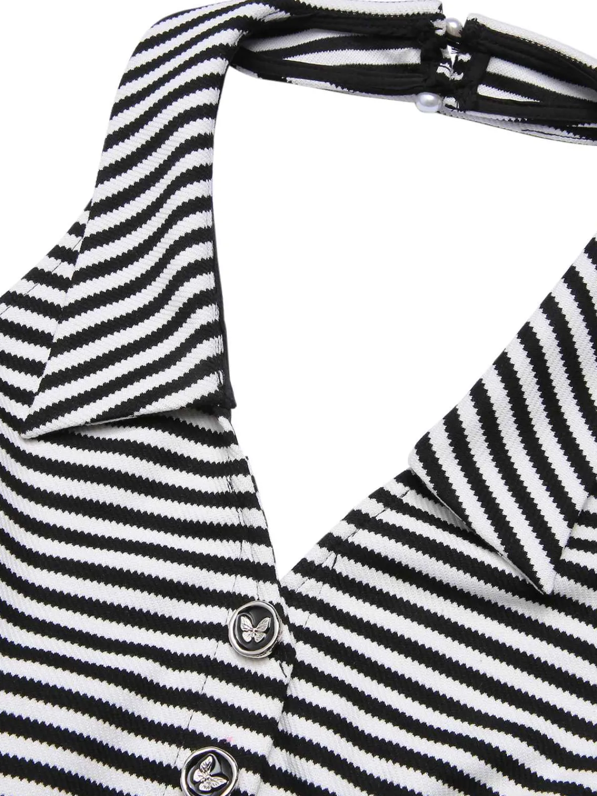 Hot Retro Stage 1950s Stripe Lapel Halter Patchwork Dress Black