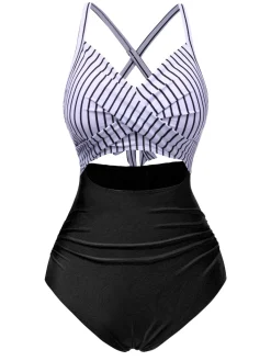 Best Retro Stage Black 1940s Stripe Patchwork Hollow One-Piece Swimsuit