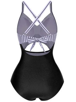 Best Retro Stage Black 1940s Stripe Patchwork Hollow One-Piece Swimsuit