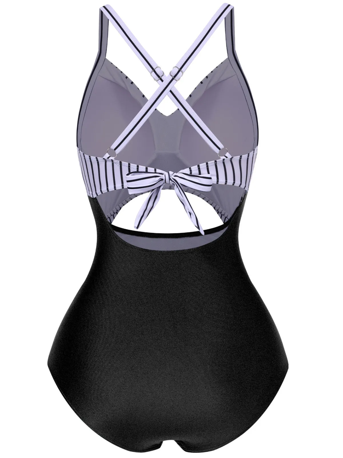 Best Retro Stage Black 1940s Stripe Patchwork Hollow One-Piece Swimsuit