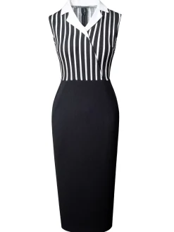 Fashion Retro Stage 1960s Striped Patchwork Lapel Pencil Dress Black