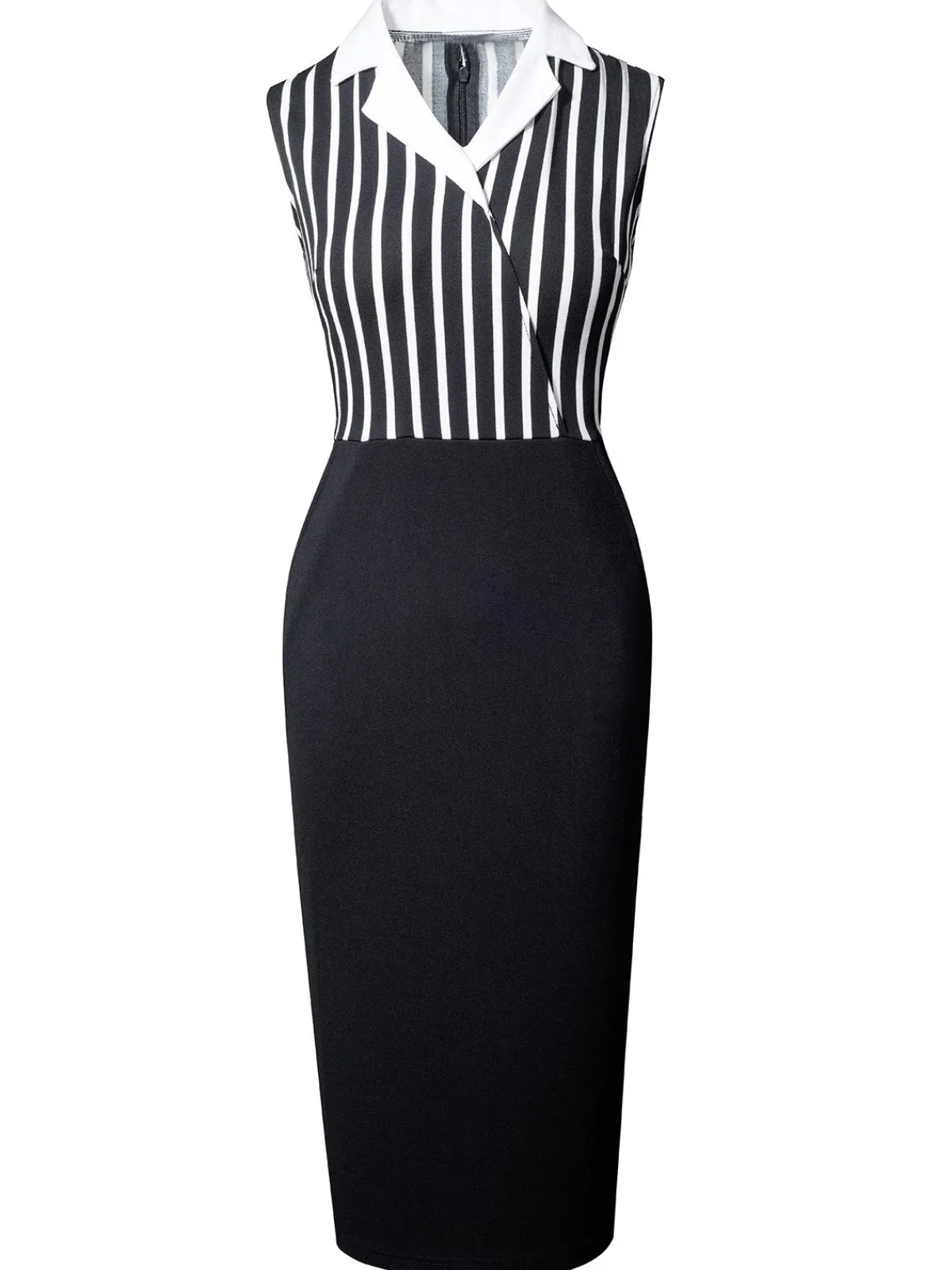 Fashion Retro Stage 1960s Striped Patchwork Lapel Pencil Dress Black