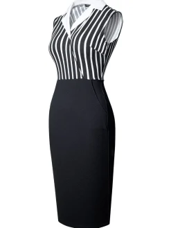 Fashion Retro Stage 1960s Striped Patchwork Lapel Pencil Dress Black