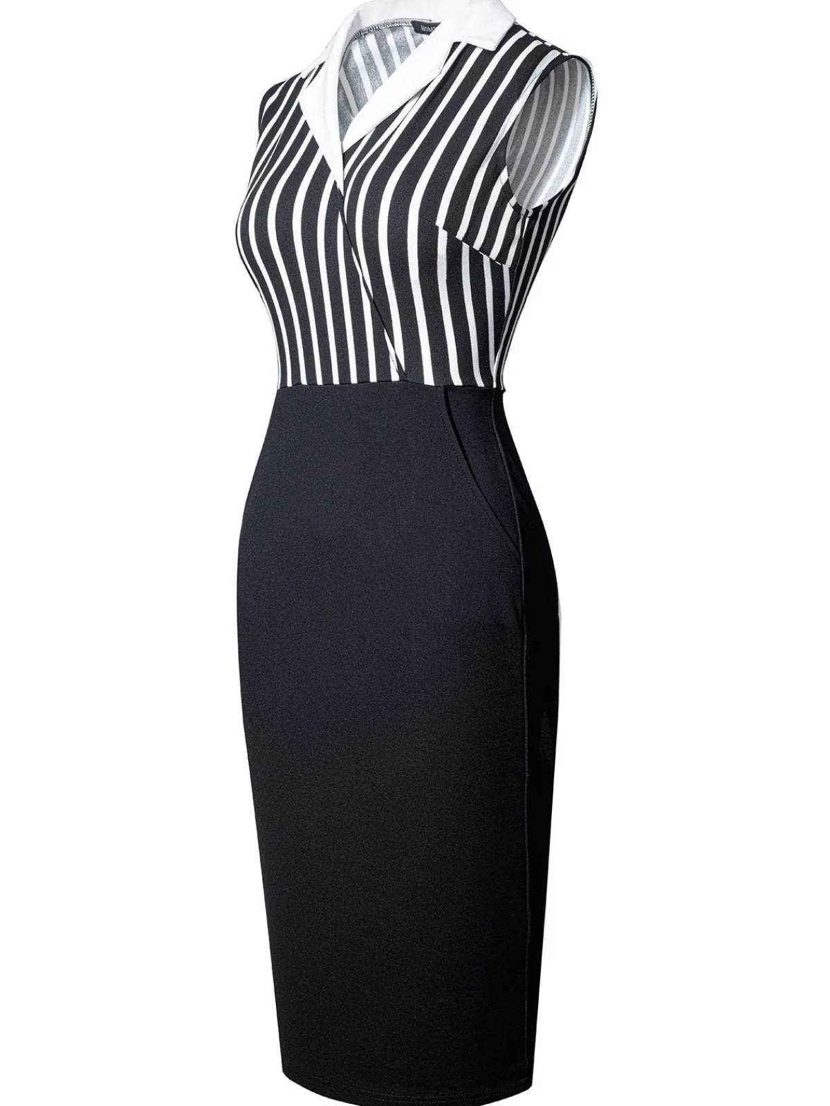Fashion Retro Stage 1960s Striped Patchwork Lapel Pencil Dress Black
