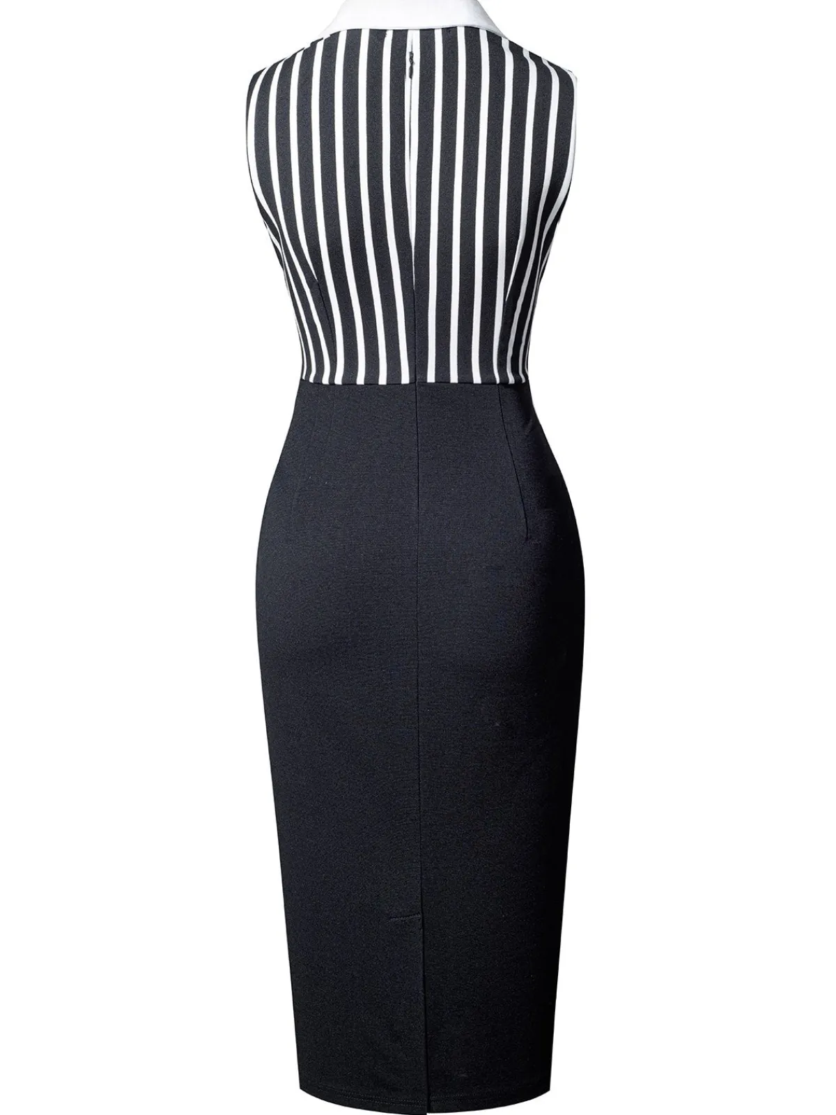 Fashion Retro Stage 1960s Striped Patchwork Lapel Pencil Dress Black