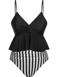 Hot Retro Stage 1950s Striped Printed Separate Swimsuit Black